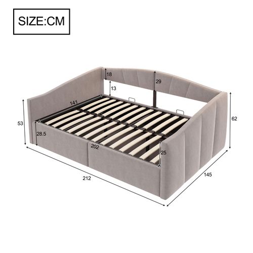 Canapé-lit 140x200 Cm En Velours Gris Clair, Rangement Hydraulique, Accoudoirs Et Latte Résistante