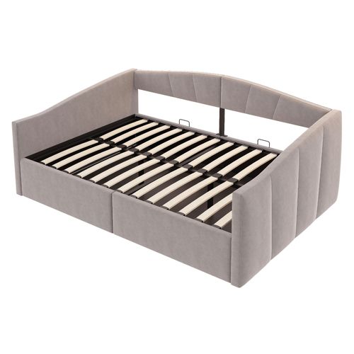 Canapé-lit 140x200 Cm En Velours Gris Clair, Rangement Hydraulique, Accoudoirs Et Latte Résistante