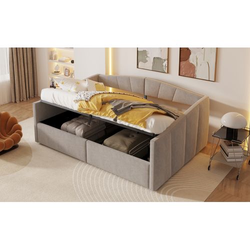 Canapé-lit 140x200 Cm En Velours Gris Clair, Rangement Hydraulique, Accoudoirs Et Latte Résistante