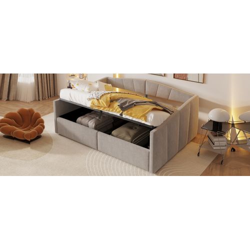 Canapé-lit 140x200 Cm En Velours Gris Clair, Rangement Hydraulique, Accoudoirs Et Latte Résistante