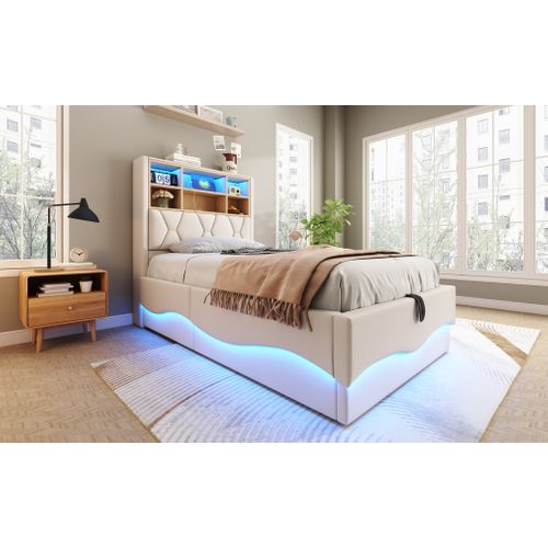 Lit Enfant 90x200 Cm Avec Rangement Hydraulique, LED Rgb Contrôlable, USB, Tissu Lin Beige