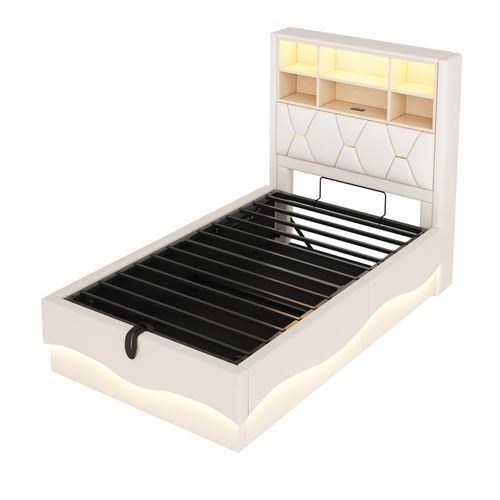 Lit Enfant 90x200 Cm Avec Rangement Hydraulique, LED Rgb Contrôlable, USB, Tissu Lin Beige