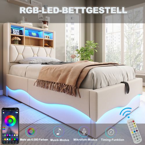 Lit Enfant 90x200 Cm Avec Rangement Hydraulique, LED Rgb Contrôlable, USB, Tissu Lin Beige