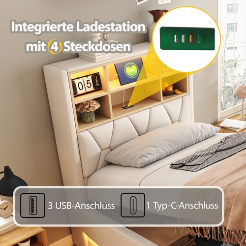 Lit Enfant 90x200 Cm Avec Rangement Hydraulique, LED Rgb Contrôlable, USB, Tissu Lin Beige