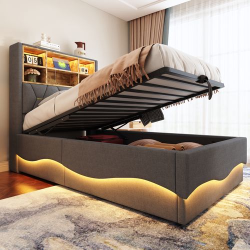 Lit Enfant 90x200 Cm Avec Rangement Hydraulique, LED Rgb Contrôlable, USB, Tissu Lin Gris