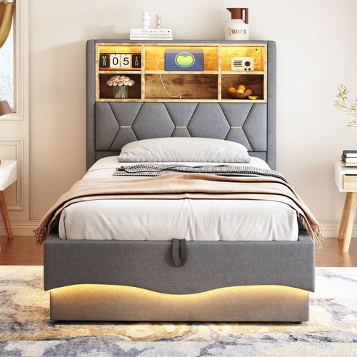 Lit Enfant 90x200 Cm Avec Rangement Hydraulique, LED Rgb Contrôlable, USB, Tissu Lin Gris