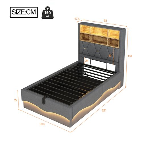 Lit Enfant 90x200 Cm Avec Rangement Hydraulique, LED Rgb Contrôlable, USB, Tissu Lin Gris