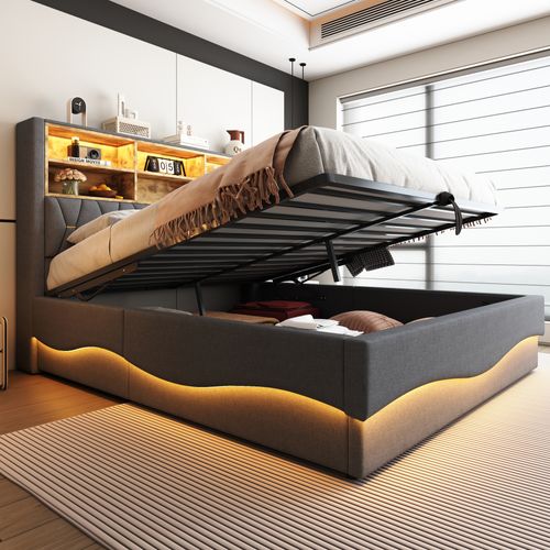 Lit Double 180x200 Cm Avec Rangement Hydraulique, LED Rgb Contrôlable, USB, Tissu Lin Gris