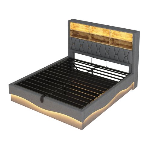 Lit Double 180x200 Cm Avec Rangement Hydraulique, LED Rgb Contrôlable, USB, Tissu Lin Gris