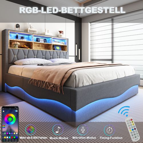 Lit Double 180x200 Cm Avec Rangement Hydraulique, LED Rgb Contrôlable, USB, Tissu Lin Gris