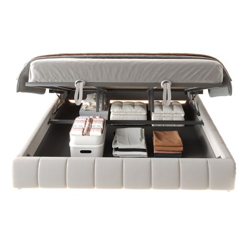 Cadre De Lit 180x200 Cm Sans Tête De Lit Avec LED Blanc, Rangement Hydraulique, Lit Simple Beige