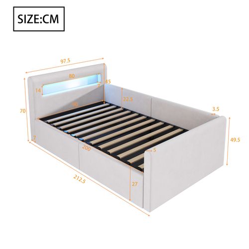Lit Enfant 90x200 Cm Avec LED, Port USB, Rangement Hydraulique Et Étagère, Tissu Velours Beige