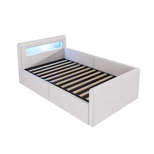 Lit Enfant 90x200 Cm Avec LED, Port USB, Rangement Hydraulique Et Étagère, Tissu Velours Beige