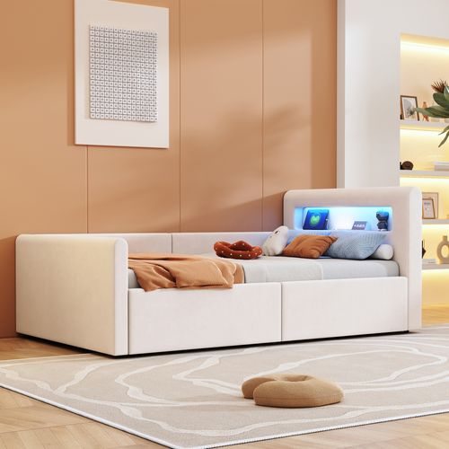 Lit Enfant 90x200 Cm Avec LED, Port USB, Rangement Hydraulique Et Étagère, Tissu Velours Beige