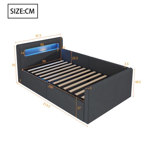 Lit Enfant 90x200 Cm Avec LED, Port USB, Rangement Hydraulique Et Étagère, Tissu Velours Gris Foncé