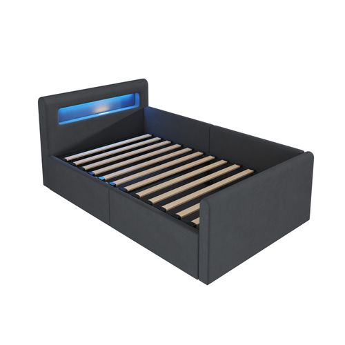 Lit Enfant 90x200 Cm Avec LED, Port USB, Rangement Hydraulique Et Étagère, Tissu Velours Gris Foncé