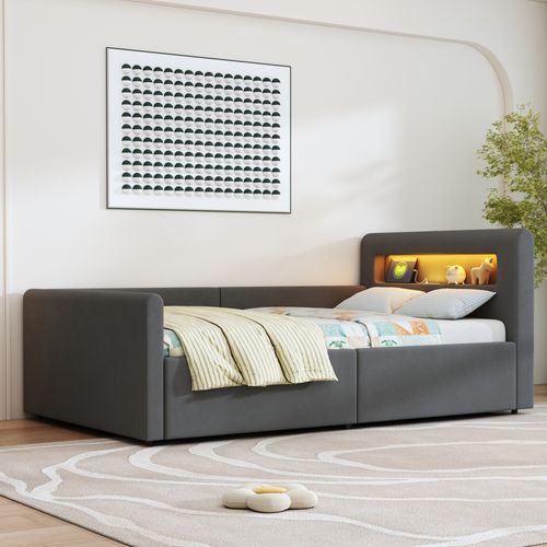 Lit Enfant 90x200 Cm Avec LED, Port USB, Rangement Hydraulique Et Étagère, Tissu Velours Gris Foncé