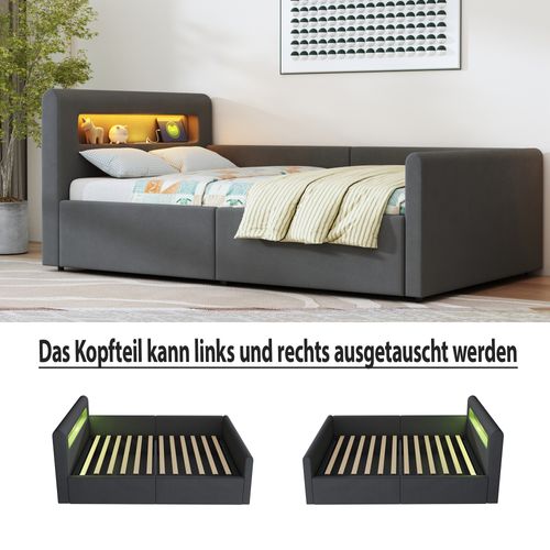 Lit Enfant 90x200 Cm Avec LED, Port USB, Rangement Hydraulique Et Étagère, Tissu Velours Gris Foncé