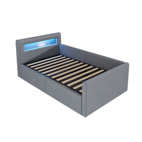 Lit Enfant 90x200 Cm Avec LED, Port USB, Rangement Hydraulique Et Étagère, Tissu Velours Gris Clair