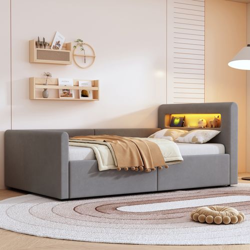 Lit Enfant 90x200 Cm Avec LED, Port USB, Rangement Hydraulique Et Étagère, Tissu Velours Gris Clair