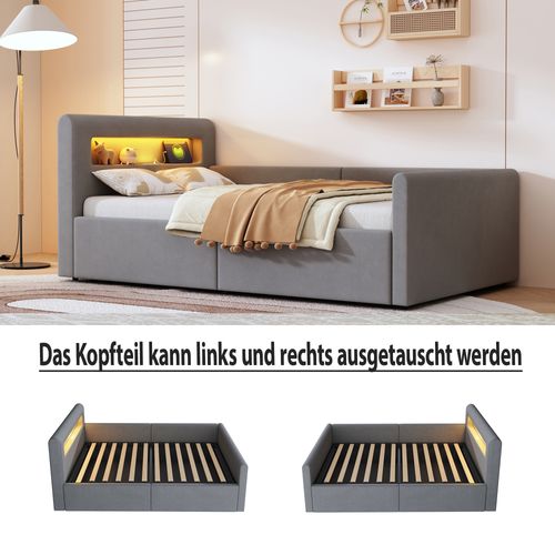 Lit Enfant 90x200 Cm Avec LED, Port USB, Rangement Hydraulique Et Étagère, Tissu Velours Gris Clair