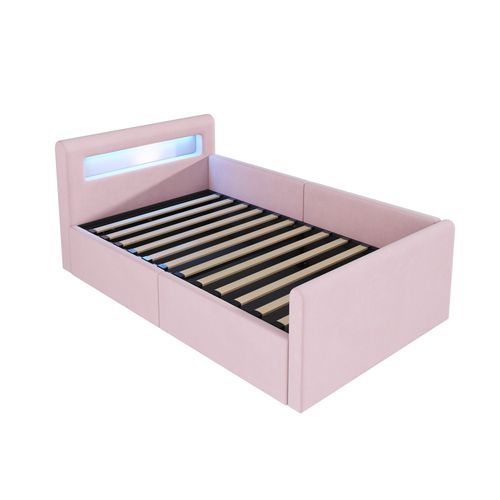 Lit Enfant 90x200 Cm Avec LED, Port USB, Rangement Hydraulique Et Étagère, Tissu Velours Rose