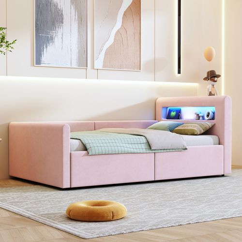 Lit Enfant 90x200 Cm Avec LED, Port USB, Rangement Hydraulique Et Étagère, Tissu Velours Rose