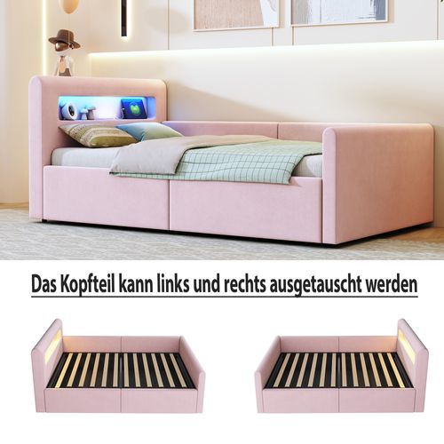 Lit Enfant 90x200 Cm Avec LED, Port USB, Rangement Hydraulique Et Étagère, Tissu Velours Rose