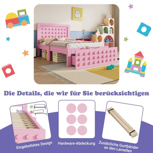 Lit Enfant 90x190 Cm En Bois Massif Avec Tiroir Et Espace De Rangement, Design Blocs Créatif, Rose