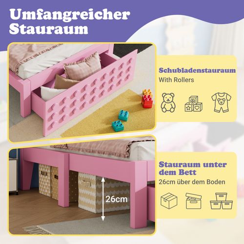 Lit Enfant 90x190 Cm En Bois Massif Avec Tiroir Et Espace De Rangement, Design Blocs Créatif, Rose