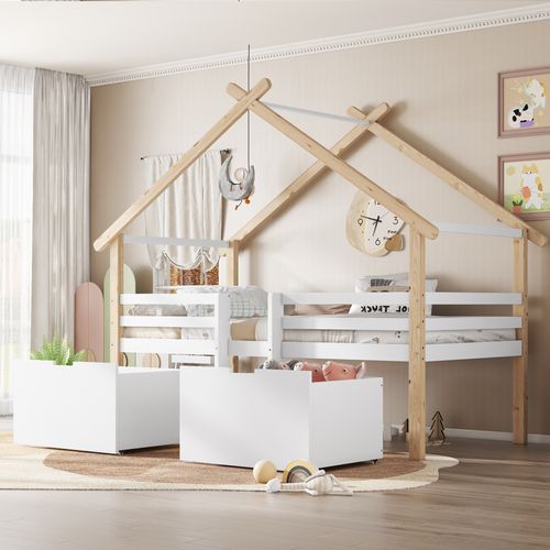 Lit Cabane Mi-hauteur 90x200 Cm Avec Escaliers Et Rangements, Bois Blanc Et Naturel