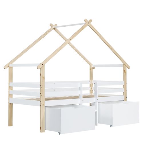 Lit Cabane Mi-hauteur 90x200 Cm Avec Escaliers Et Rangements, Bois Blanc Et Naturel