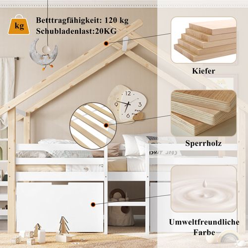 Lit Cabane Mi-hauteur 90x200 Cm Avec Escaliers Et Rangements, Bois Blanc Et Naturel
