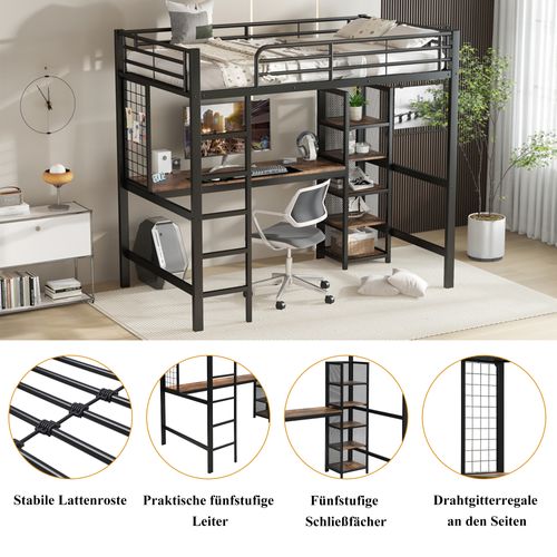 Lit Mezzanine 90x200 Cm Avec Bureau, Étagère Et Grille Métallique, Noir Et Bois Foncé