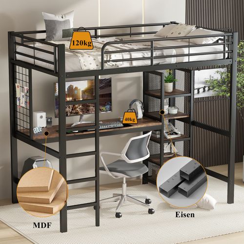 Lit Mezzanine 90x200 Cm Avec Bureau, Étagère Et Grille Métallique, Noir Et Bois Foncé