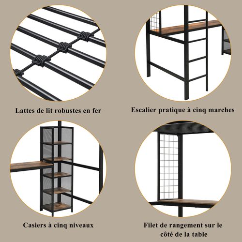 Lit Mezzanine 90x200 Cm Avec Bureau, Étagère Et Grille Métallique, Noir Et Bois Foncé