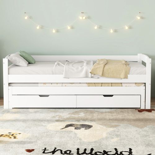 Lit Gigogne 90x200 Cm Avec Lit Tiroir Et 2 Tiroirs De Rangement, Bois Massif Blanc