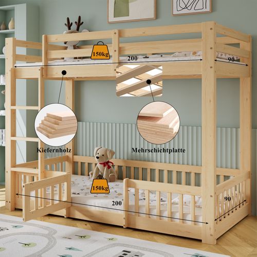 Lit Superposé En Pin Naturel 90x200 Cm Avec Escalier Droit, Barrières Et Porte, Bois