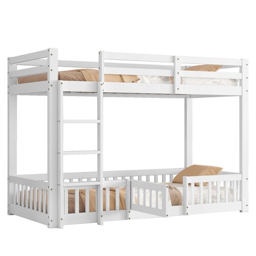 Lit Superposé En Pin Naturel 90x200 Cm Avec Escalier Droit, Barrières Et Porte, Blanc