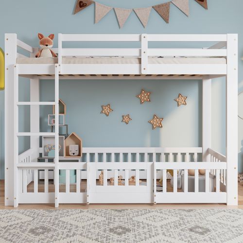 Lit Superposé En Pin Naturel 90x200 Cm Avec Escalier Droit, Barrières Et Porte, Blanc