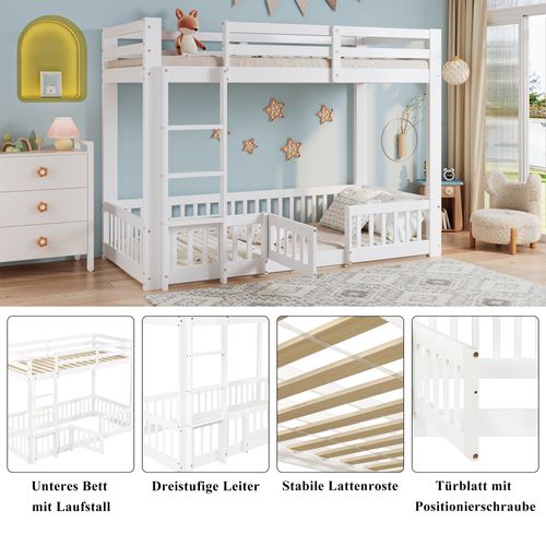 Lit Superposé En Pin Naturel 90x200 Cm Avec Escalier Droit, Barrières Et Porte, Blanc