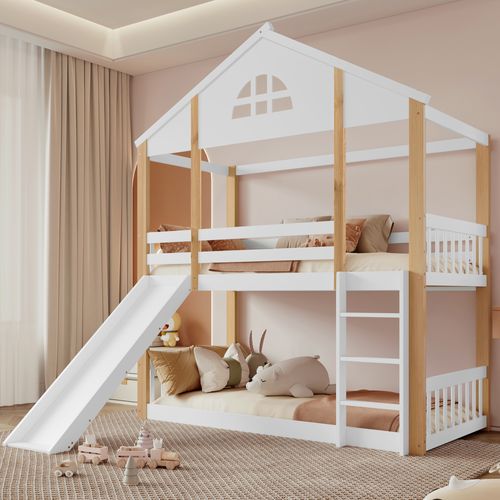 Lit Superposé Maison Avec Toboggan, Escalier 3 Marches, Bois Massif Blanc/naturel 90x200 Cm