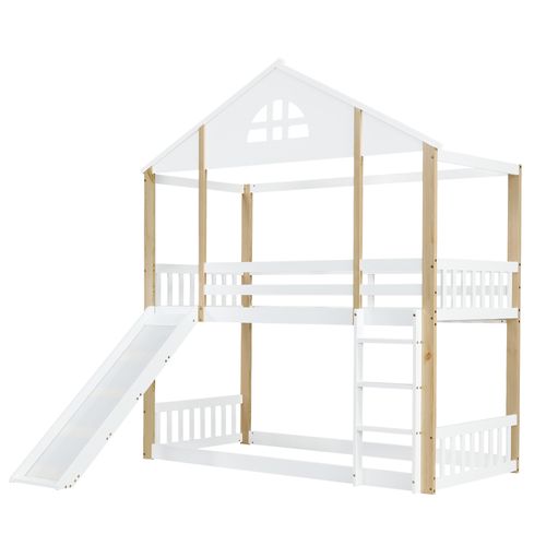 Lit Superposé Maison Avec Toboggan, Escalier 3 Marches, Bois Massif Blanc/naturel 90x200 Cm