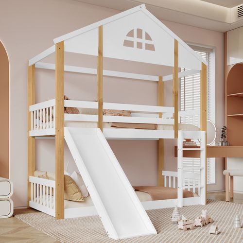 Lit Superposé Maison Avec Toboggan, Escalier 3 Marches, Bois Massif Blanc/naturel 90x200 Cm
