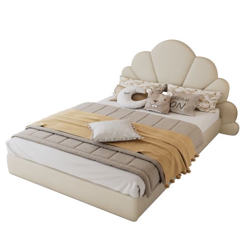 Lit Double En Velours Beige Avec Tête De Lit Florale, Design Moderne, 140x200 Cm