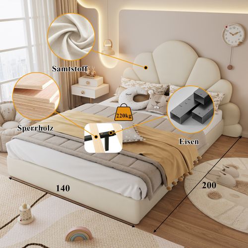 Lit Double En Velours Beige Avec Tête De Lit Florale, Design Moderne, 140x200 Cm