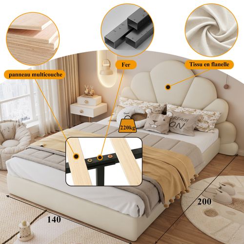 Lit Double En Velours Beige Avec Tête De Lit Florale, Design Moderne, 140x200 Cm