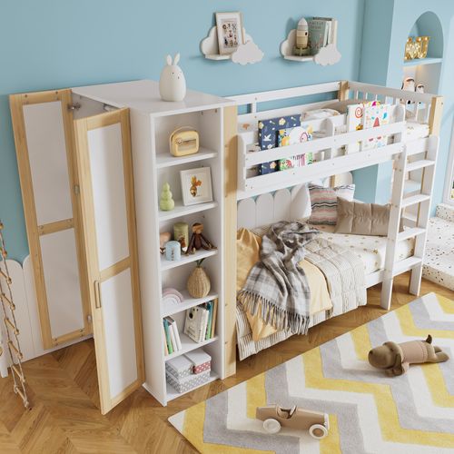 Lit Superposé Enfant 90x200 Cm Avec Rangements, Échelle à 4 Marches – Bois Blanc Et Naturel
