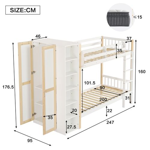 Lit Superposé Enfant 90x200 Cm Avec Rangements, Échelle à 4 Marches – Bois Blanc Et Naturel