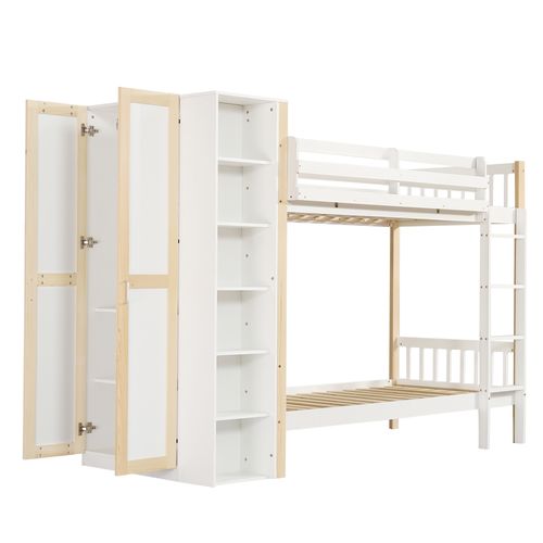 Lit Superposé Enfant 90x200 Cm Avec Rangements, Échelle à 4 Marches – Bois Blanc Et Naturel